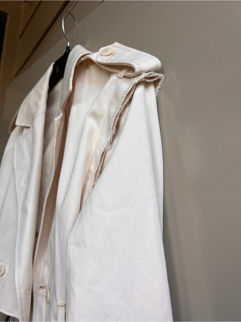 Zara XS S Cropped Denim Trench Jacket Ivory Raw Hem Belted Cotton Utility Blazer - Picture 7 of 16